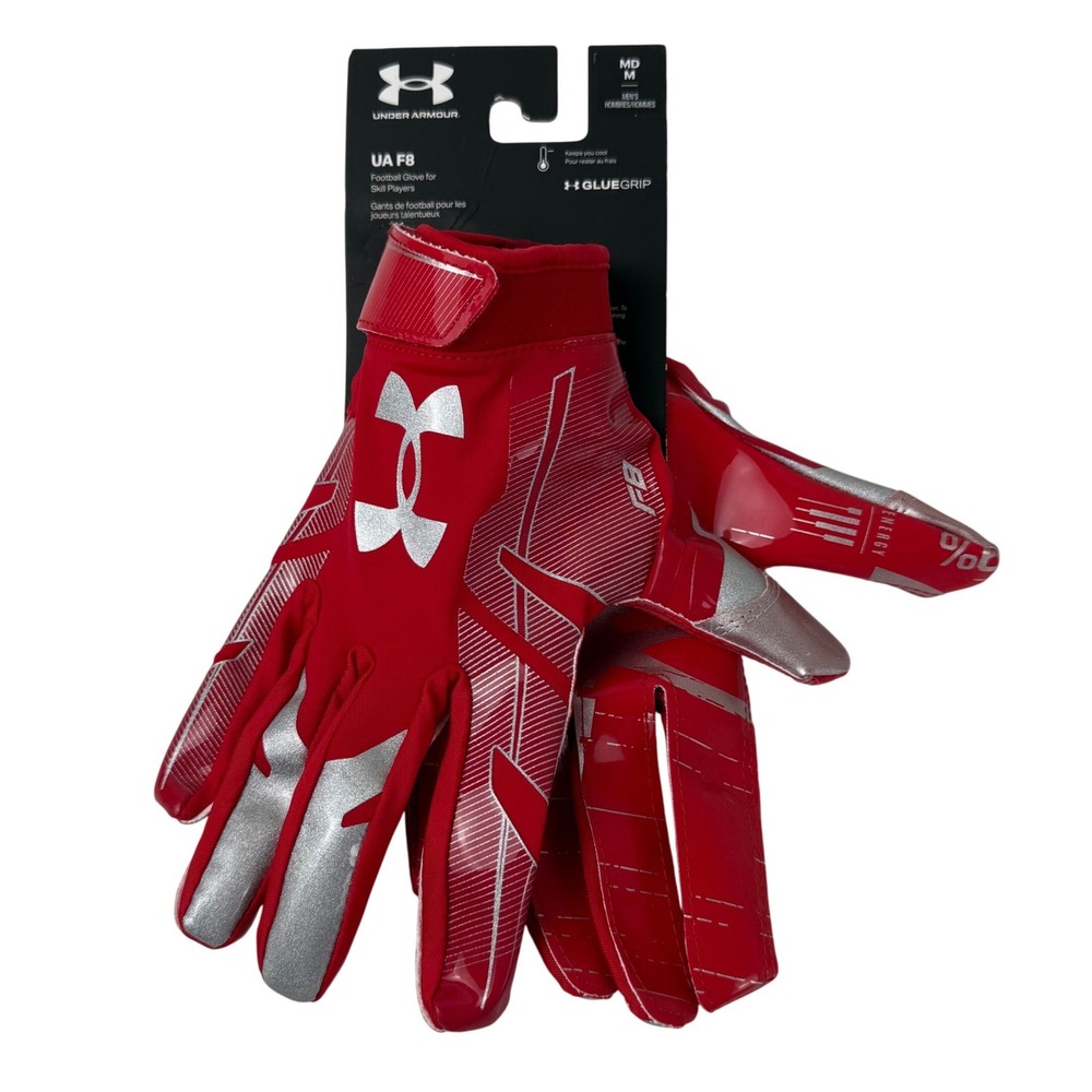 Under Armour UA F8 Mens MD Football Gloves Red Silver Skill Player GlueGrip NEW